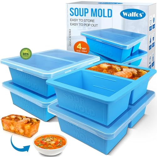 Walfos 1-Tasse Extragroße Silikon Gefriertablett mit Deckel, 4 Packs Suppe Gefrierschrank Eiswürfelform für Lebensmittel, Container zum Speichern und Einfrieren von Suppe, Brühe, Soße und Eis.