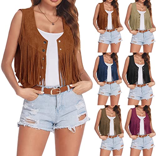 Cowboy Weste Damen Faux Wildleder Ärmellos Cardigan Jacke mit Fransen Weich Cowgirl Weste Kurze Fransenjacken Braun Weste mit Fransen Damen Retro Hippie-Kostüme 70er Fransenweste Auffällig