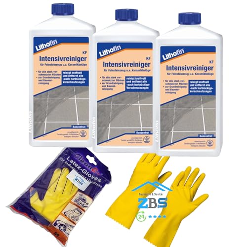 zbs24 Lithofin KF Intensivreiniger, Grundreiniger und regelmäßiger Unterhaltsreiniger, stark beanspruchter Flächen aus keramischen Fliesen und Feinsteinzeug, inkl. Latex Handschuhe Gr. 8 (3 Liter)