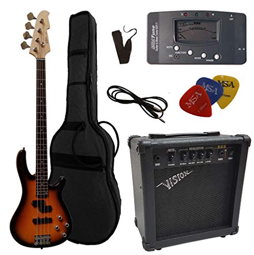 ELEKTROBASS - SET - SUNBURST - E-BASS - GIGBAG-TASCHE - GURT - VERSTÄRKER 45 WATT - STIMMGERÄT - 3x PLEKTREN - KABEL - VISION SOUND GITARRE - LONG SCALE - JB8SB
