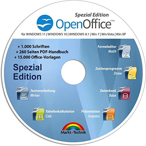 Open Office Spezial-Edition für Windows 11-10-8-7-Vista-XP | PC-Software mit 15.000 Vorlagen, 1.000 Schriften und PDF Handbuch | Dokumente, Kalkulationstabellen und Präsentationen erstellen