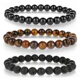 Mabor Perlenarmband Herren,3 Stück 8mm Stretch Armband Herren Perlenarmbänder Set Tigerauge Armband Schwarzes Kristall Perlenarmband Männer Armband Für Männer Frauen Geschenk für Ihn Freund Ehemann