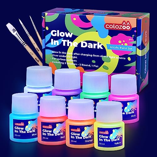 colozoo Glow In The Dark Acryl Farben Set | 8x20ml Fluoreszierende Farbe + 3 Pinsel | Die Nachtleuchtend Acrylfarben sind Dauerhaft auf Jede Oberflächen | Nachtleuchtende Farbe Selbstleuchtend