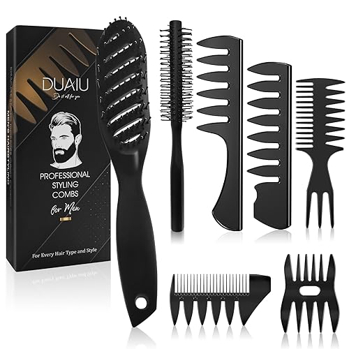 Kamm Männer Styling Set,DUAIU Haarbürste Herren Styling Set 7 Stück,Rundbürste,Gebogene belüftete Haarbürste,Kamm Grobzinkig,Texturkamm zum Föhnen,Glätten,Entwirren,Frisieren