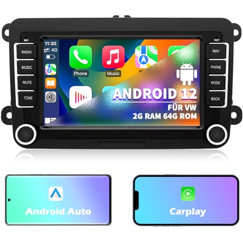 Autoradio für VW Passat Golf Polo Caddy Bettle Touran Tiguan Jetta Seat Skoda, Android 12 System 2G+64G, 7 Zoll Touchscreen Carplay Android Auto Bildschirm GPS Navi WiFi Bluetooth FM RDS Radio