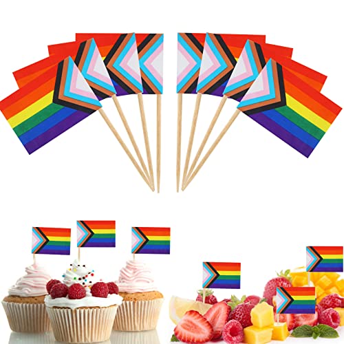 100 Stück Pride Day Zahnstocher Flaggen, LGBT Progress Pride Regenbogen Kuchen Topper Cupcake Topper kleine Stick Flaggen, Cocktail Sticks mit Flagge für Lebensmittel Sandwich Cupcake Pride Zubehör