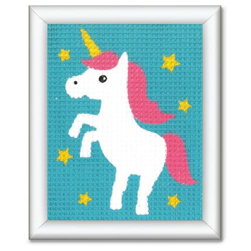 Vervaco Gobelin Stickbilder zum Selbersticken Kinder EINHORN Kreuzstich Stickpackungen Stickset für Anfänger ca. 12,5 x 16 cm Bastelset Handwerker DIY Sticken Set Kreatives Geschenk
