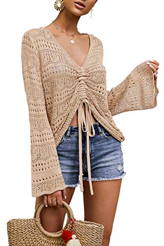 Saodimallsu Damen Boho Off Shoulder Tops Flowy Oversized Langarm Oberteil V-Ausschnitt Crochet Sexy Tie Front Rüschen Shirts Apricot