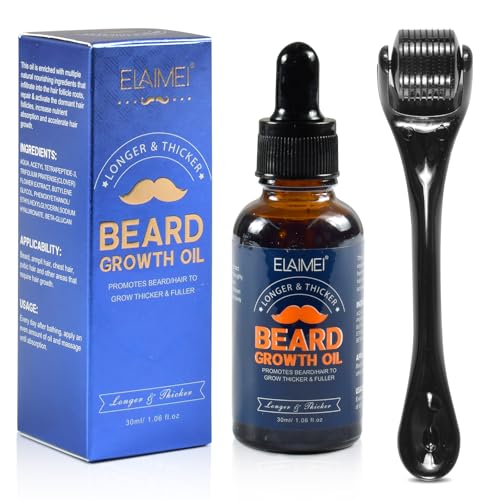Funmo Bartwuchs-Set,Bartwachstum Öl mit Bartroller,Haarwuchs-Kit für Männer,Stimuliert Bart,Schnurrbart & Haarwuchs,Starkes Bartwuchs-Serum zur schnelleren Steigerung der Dicke und des Volumens