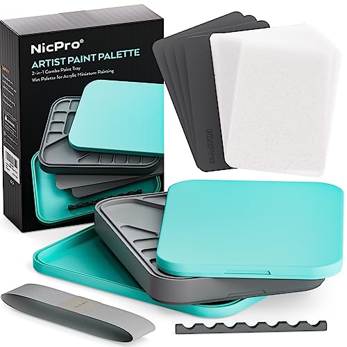 Nicpro Wet Palette für Mischpalette Acrylfarben, Farbtablett Nasspalette mit 100 PCS Palettenpapier, 4 PCS Schwämmen, Pinselhalter Farbmisch Aufbewahrung für Warhammer 40K Modellfarbe, DIY Bastelkurs