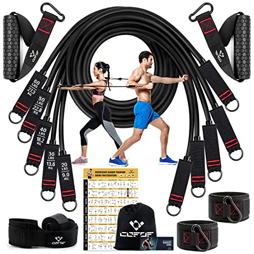 Resistance Bands Widerstandsbänder Set, 5 Fitnessbänder Expander Tube Bands, Fitnessband mit Großem Griff Knöchelriemen Türankerbefestigung Tragtasche, Ideal für Pilates Krafttraining Physiotherapie