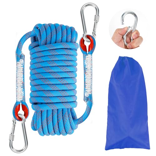 RAKUTE Outdoor Sicherheitsseil, Nylon Seil Statisches Kletterseil mit 2 Karabinern Rettungsseil Feuerrettungs-Fallschirm-Seil für Arbeiten in der Höhe/Feuerleiter/Abseilen/Sport