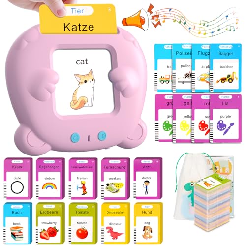 Winnrok Sprechende Lernkarten Deutsch Englisch,Sprachförderung Lernspielzeug für Kinder ab 2-6 Jahr,224 Wörter 112 Blätter Lernkarten,Sprachspiele Interaktives Spielzeug für Mädchen Jungen-Rosa