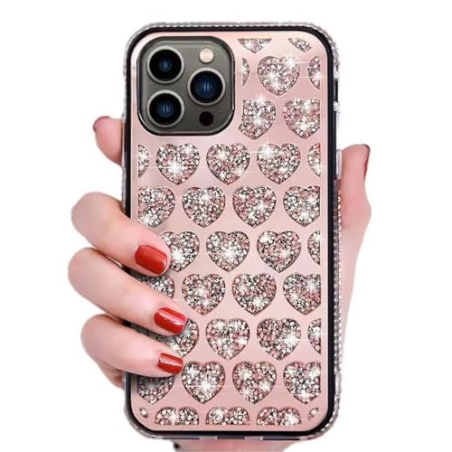 Rnrieyta Miagon Bling Diamant Hülle für iPhone 13 Pro Max,Spiegel Herz Glitzer Funkelnd Glänzend Steine Strass Schutzhülle Handyhülle für Frauen Mädchen,Roségold