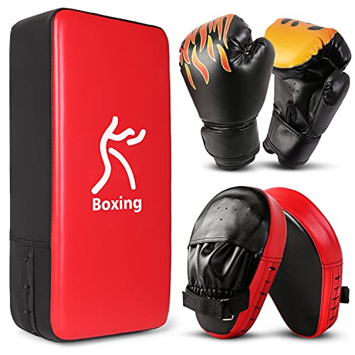 Odoland Handpratzen Set mit PU Pratzen Schlagpolster 6OZ Boxhandschuhe für Boxsack Boxen Kickboxen Boxtraining Kampfsport Pratze Thai Kick Boxen Pratzen Rot