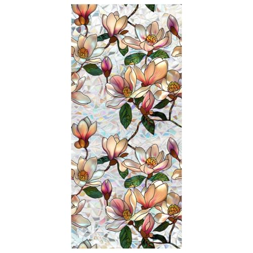 Fenster-Sichtschutzfolie, Retro-Magnolien-Blumen, Buntglas-Aufkleber, bunt, Privatsphäre, Regenbogen-Aufkleber, Wohnzimmer, Sonne, blockierend, Dekoration, entfernbar, statisch, 43 x 100 cm