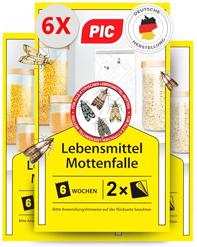 PIC Lebensmittelmotten Falle - 6 Lebensmittelmottenfallen - Mottenfalle mit Pheromon für ideale Wirkung - Mottenfalle Lebensmittel - Effektive Klebefallen zur Befallsermittlung von Lebensmittelmotten