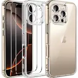 ivoler Nie Vergilbung Klar Hülle für iPhone 16 Pro, 1 Handyhülle mit 2 Stück Panzer Schutz Glas und Positionierhilfe, [Militärischer Schutz] Stoßfest Transparent Schutzhülle Dünn Durchsichtige Case