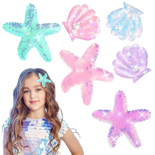 AOZUO 6 Stück Seestern Muschel Haarschmuck, Glitzernde Pailletten Haarspangen Kopfbedeckung, Stern Perle Kopfstücke Haarklammer Zubehör Pailletten Haarnadeln für Frauen und Mädchen