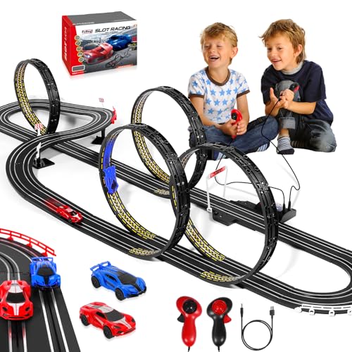 Rennstrecken Elektrische Slot Car Rennbahn Set für Kinder Jungen Alter 6 7 8-12, Batterie Elektrisch Betriebene Rennstrecke für Kinder 6-7, Racing Game 2 Hochgeschwindigkeits-Rennwagen 1:64 Maßstab