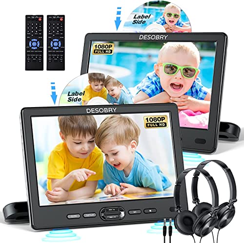 DESOBRY Auto DVD Player 10,5 Zoll 2 Monitore Kopfstütze 2 Kopfhörer HDMI Eingang AV Kabel, Tragbarer DVD Player Kinder Fernseher Unterstützt 1080P, Auto Monitor Fernseher USB/SD-Leser