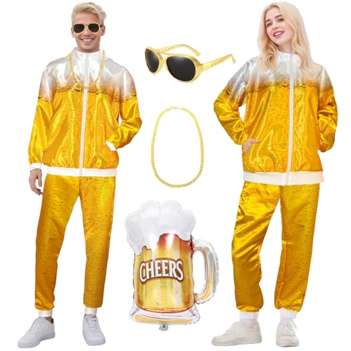 80er Jahre Kostüm Trainingsanzug Herren, Bierkostüm Herren und Damen, Faschingskostüm mit Jacke, Hose, Brille, Halskette, Ballon, 80er 90er Jahre Kostüm für Bierfest Karneval Halloween Party (XL)