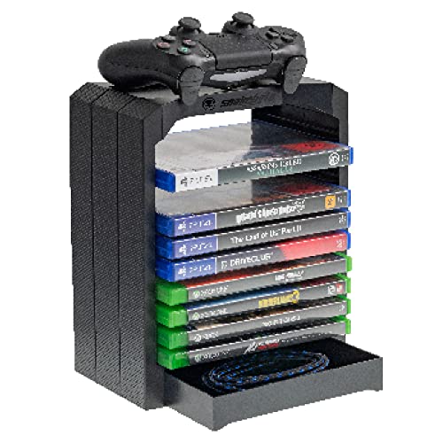 snakebyte PS4 GAMES TOWER 4 - schwarz - Universelle Aufbewahrungslösung für 10 Spiele/Blu-Ray's, Ablage für Controller, extra Fach für Zubehör, komp. mit PlayStation 5, PS4, Xbox Series X, Xbox One