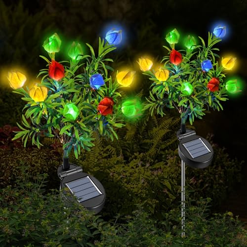Qoosea Solarleuchten für Garten Außen, 2 Stück LED Gardenie Blume Solarlampe, IP65 Wasserdicht Gartenleuchten, Deko für Garten, Zäune, Hochzeit, Party Dekoration Beleuchtung (Mehrfarbig)