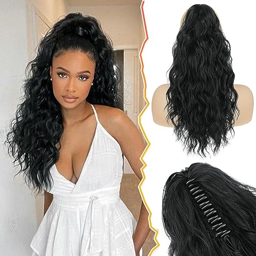 BARSDAR Klauen Clip Pferdeschwanz Verlängerung, 45 cm Lange Lockige Wellige Clip in Pferdeschwanz Haarverlängerungen Natürliche Synthetische Haarteile Ponytail Extension für Frauen