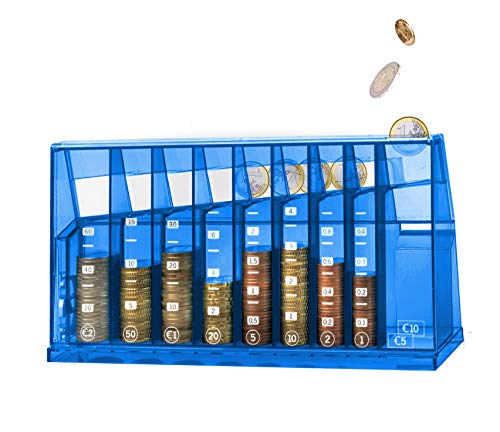 ECB Münzsortierer Euro Spardose | Für Büro und Kinderzimmer | Als Geschenk für Erwachsene und Kinder | Hergestellt aus recyceltem Material | Abschließbar (mit Schlüssel) | Transparent Blau