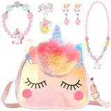 OSDUE Einhorn Handtaschen, Schmuckset für Mädchen, Unicorn Kette Halskette Armband Ring Schmuckset, für Party Dress Up Geschenk