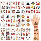 Feuerwehr Tattoo Kinder, 10 Blätter Kindertattoos Hautfreundlich, Temporäre Tattoos Sticker für Kinder, Feuerwehrmann Cartoon Aufkleber als Kindergeburtstag Geschenke