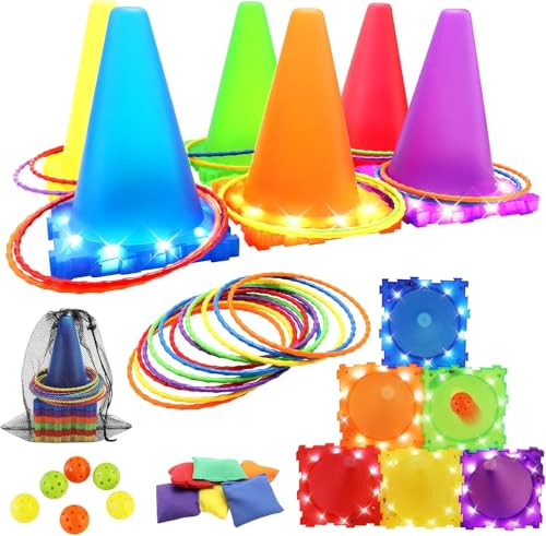 VATOS Light Up Wurfspiele Outdoor Spiele Gartenspiele für Kinder 3 4 5 6 Jahre, Ball & Ring & Bean Bag Toss Spiel Set, Wurfspiel Gartenspielzeug Spiele für Draussen Outdoor Spiele Spielzeug für Kinder