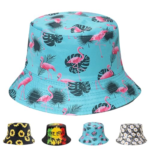 AUNGCSHE Fischerhut, Sonnenhut Bucket Hat Damen Herren, Beideseitig Tragen Fischerhüte, Retro Outdoor-Anglerhut Faltbar Buschhut für Wandern Camping Urlaub (Flamingo)