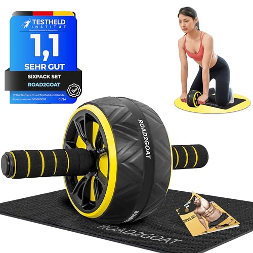 ROAD2GOAT® - Bauchtrainer - Bauchtrainer für Zuhause - Bauchmuskeltrainer - Bauchroller - Ab Roller - Bauch Trainingsgerät - mit Rutschfester gepolsterter Kniematte, für Männer und Frauen