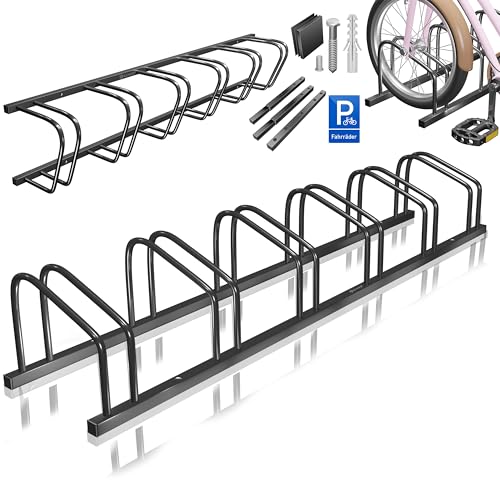 KESSER® Fahrradständer für 6 Fahrräder inkl. Parkschild | Mehrfachständer mit 37cm Radabstand für 30-65mm Reifenbreite | Fahrradhalter Aufstellständer für Boden- oder Wandmontage | Radständer Schwarz