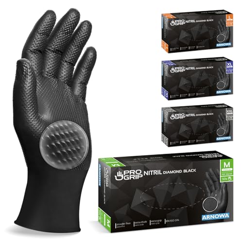 PROGRIP Einweghandschuhe Diamant Grip, Schwarz, Einmalhandschuhe Extra Stark, Nitrilhandschuhe Gr. M, 2x dicker, Handschuhe Einweg, Arbeitshandschuhe für Werkstatt & Montage, 50 Stk/Box