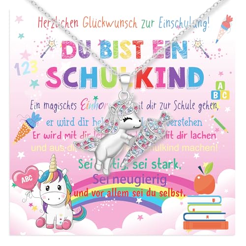 Rorchio Einschulung Mädchen Geschenk, Einhorn Halskette Schultüte Füllung Einhorn Schulanfang Geschenke Plus Grußkarte für Schulkind Tochter Enkelin Nichte