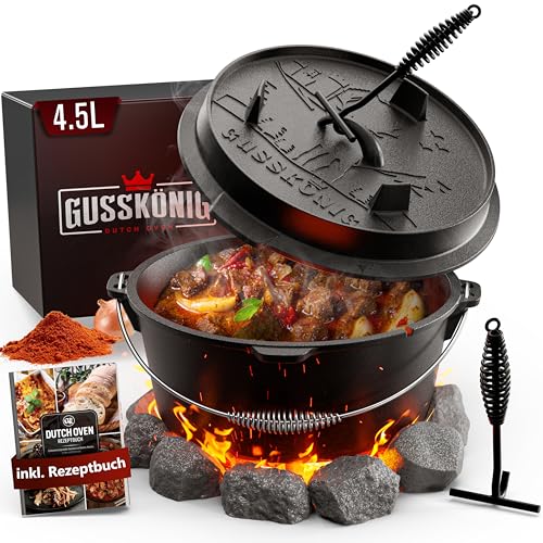 GUSSKÖNIG Dutch Oven Set [4.5L] - Eingebrannter Feuertopf mit praktischem Deckelheber und Füßen
