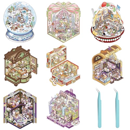 DKDDSSS 8 Sets 3D House Stickers, DIY 3D-Hausaufkleber, Fun DIY Stickers Scene, Stacking Scene Stickers, Supermarkt Café Buchhandlung Restaurant, Cartoon-Szenenaufkleber für Erwachsene und Kinder