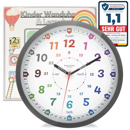 Bada Bing Montessori Wanduhr für Kinder - Lernuhr ohne Tick Geräusche - analoge Kinderuhr zum Lernen der Uhrzeit - Deko Kinderzimmer Kinder Wand Uhr für Mädchen und Jungen - mit lautlosem Uhrwerk