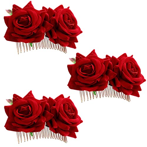 Clyhon 3er Pack Rose Blume Haarspange Damen Rose Blume Haarschmuck Hochzeit Haarspange Flamenco Tänzerin Haarschmuck Rot