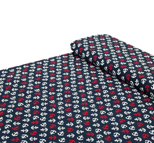 Baumwoll Stoff 100% Baumwolle maritim Anker blau weiß rot - Meterware ab 25 cm x 148 cm - Stoff zum Nähen