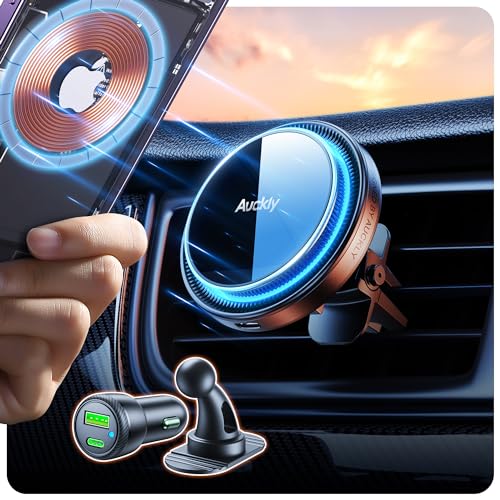 Auckly 15W Magsafe Autohalterung mit Ladefunktion,【60W PD QC3.0 Auto Ladegerät】 Qi Wireless Car Charger KfZ Magnet Handyhalterung für iPhone 12/13/14/15 Pro Max Mini Plus & S23 S22 etc [A28-CC]