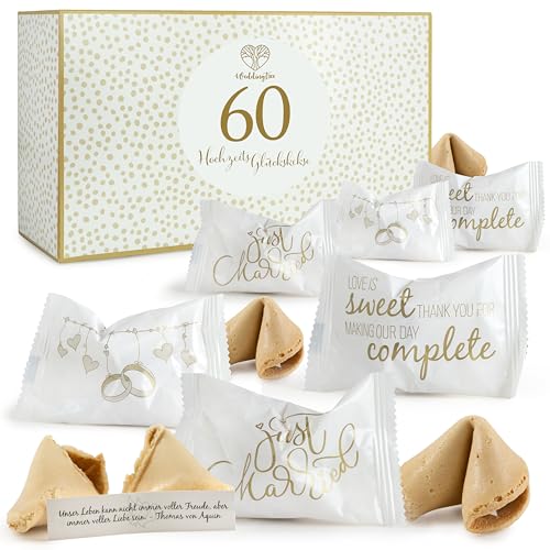 WeddingTree 60 x Glückskekse - Made in Germany - Einzeln Verpackt - mit Sprüchen deutsch - Gastgeschenk für Verlobung - Hochzeit Deko