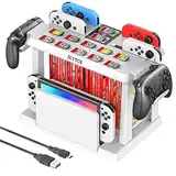 Switch Spiele Aufbewahrung mit Switch Controller Ladestation, Switch Ladestation für Switch/OLED Joycons, Kytok Switch Aufbewahrung für Switch Spiele, TV-Dock, Pro-Controller, Switch Zubehör.Weiß