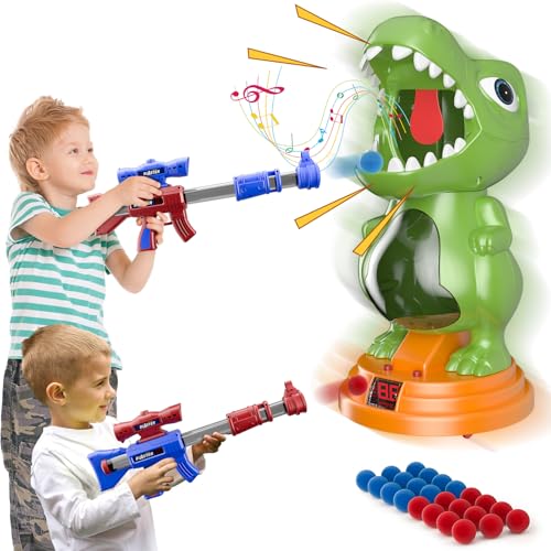 Fygurso Bewegliches Dinosaurier Schießspielzeug mit 2 Luftpumpenpistolen, Zielschießspiele mit LED Punktzahl, Licht und Ton, 24 Schaumball Kinder ab 3 4 5 6 7 8 9+ Jahre Spiele Geschenk für Junge Grün