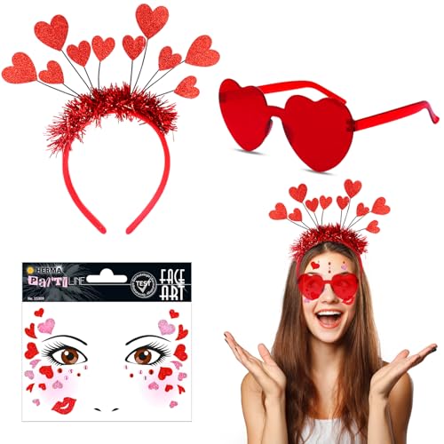 Amor kostüm damen Amor Kostüm Accessoires,Haarreif Herzen+ Herz Brille mit Herz Tattoos Amor Haarreif Heart Glasses für Valentinstag Karneval Fasching Hochzeit Weihnachten Foto Requisiten Kostüm Party