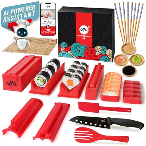 Aya Sushi Maker Kit Sushi Maker Rot Komplett mit Sushi Messer und Exklusiv Video Tutorials 11 Stück DIY Sushi Set - Einfach und Spaß für Anfänger - Sushi Rollen Maker- Maki Roll – Sushi Roller