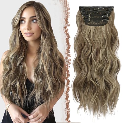 FESHFEN Clip in Extensions, 4PCS Haarverlängerungen mit Clips Synthetik Gewellte Haarextension Hellbraun Gemischt Aschblond Wavy Wellig Haar Extensions Clip in Haarteil für Frauen 50 cm